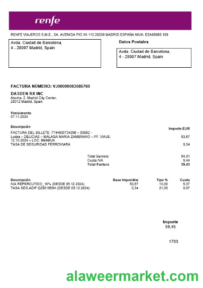 Spain Renfe business utility bill template in Word and PDF formats